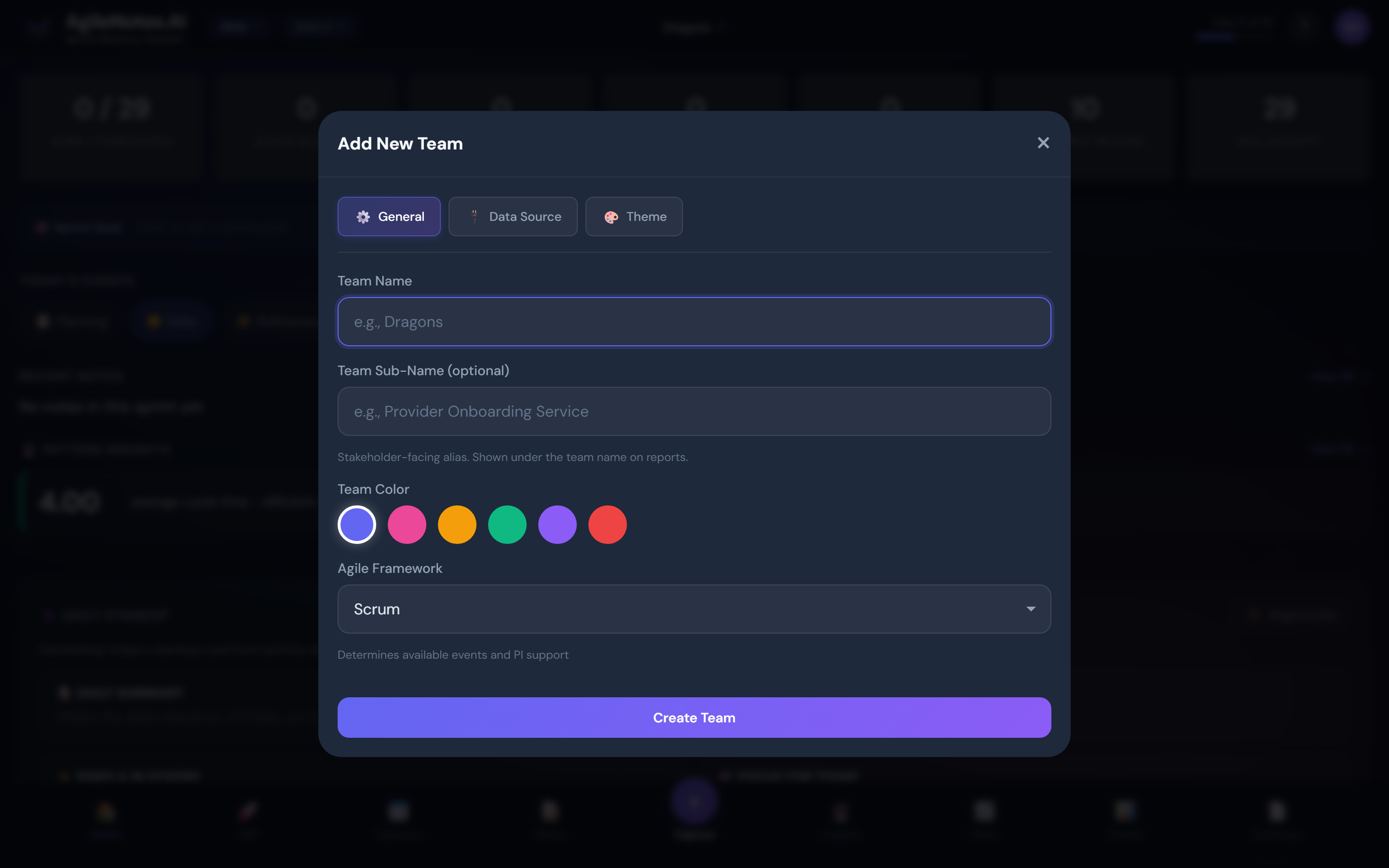 The Add New Team form
