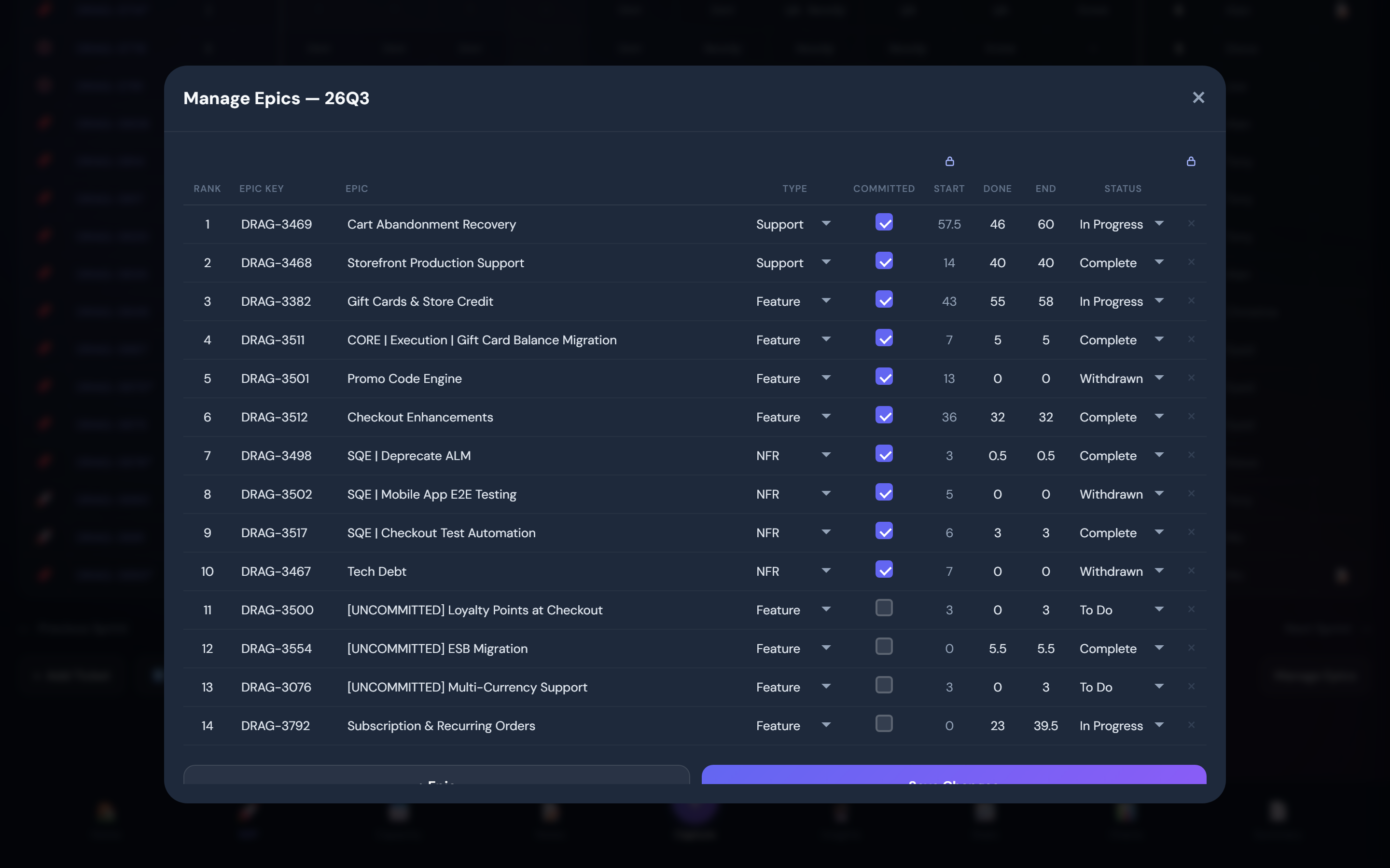 The Manage Epics table editor