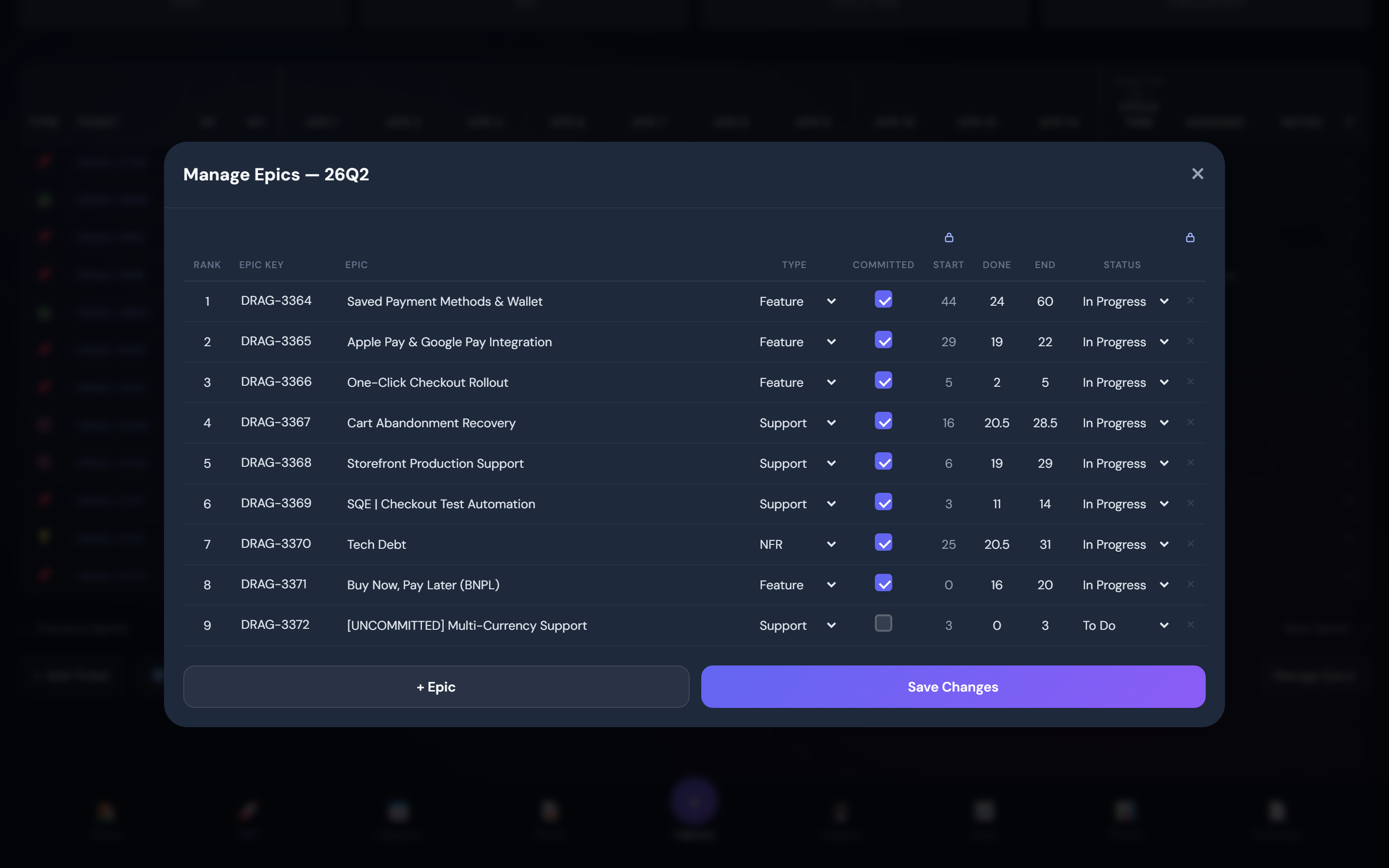 The Manage Epics table editor