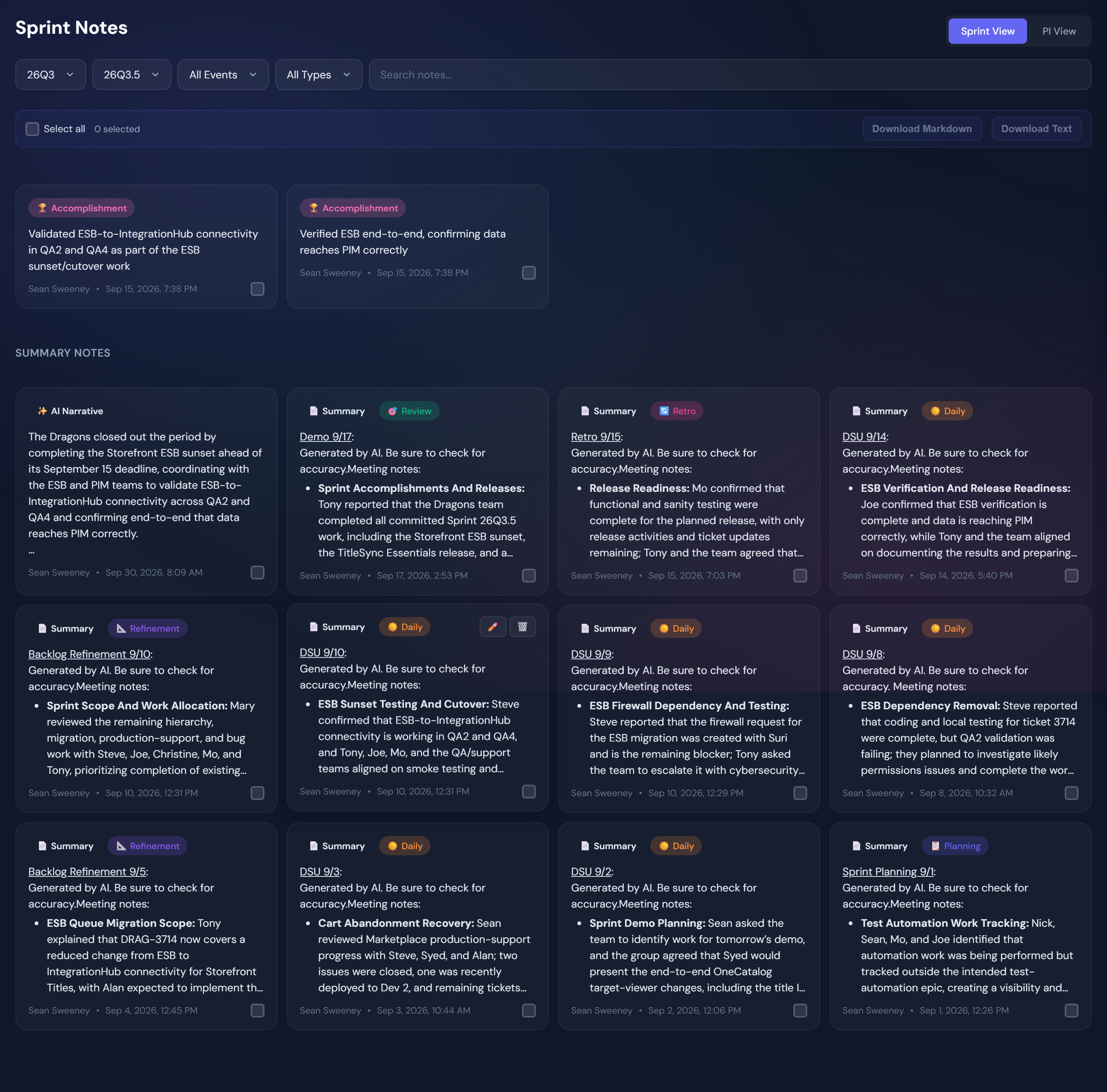 The Notes view