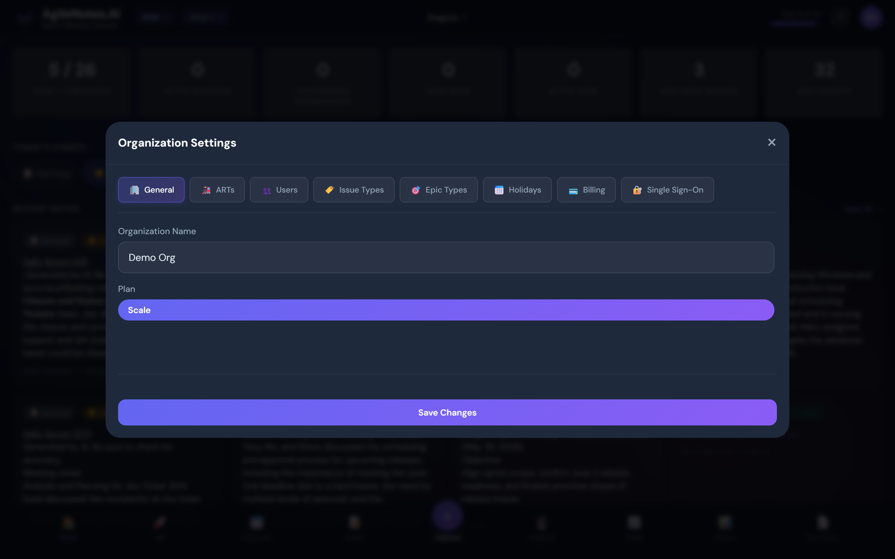 The Organization settings, where you manage your plan and billing
