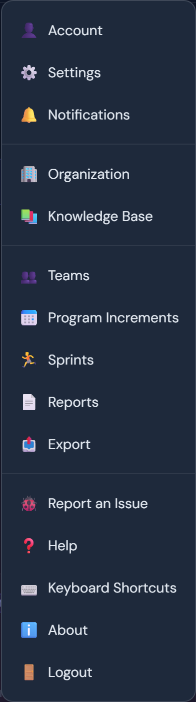 The profile menu